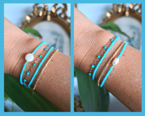 Combo de bracelets fins colorés Oyartza Hontza avec fermeture coulissante : bracelet avec chaine en acier inoxydable et perles en résine, bracelet avec palet de nacre ou perle d'eau douce et perles miyuki, bracelet fin avec perles miyuki colorées et dorées ou argentées et bracelet fin avec perles miyuki de couleur uniforme. Modèle LOTYA turquoise/doré/nacre ou perle d'eau douce